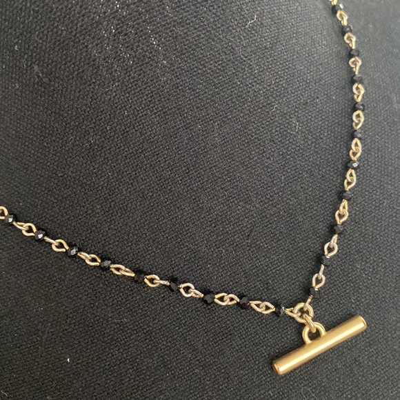 🍀Lucky Brand🍀 Yellow Gold Chain & Black Beaded Bar Necklace - Picture 2 of 8